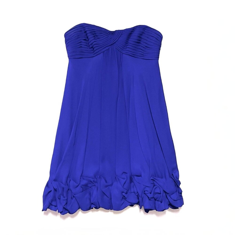 BCBG MaxAzria Silk Strapless Dress Purple Pleated Empire Waist Bubble Hem, sz 2